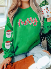 Green sequin letter graphic father christmas patched sleeve drop shoulder sweatshirt with merry red sequins machine wash tumble dry care instructions