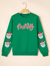 Green christmas-themed sweatshirt with sequined merry lettering and embroidered santa faces, machine wash and tumble dry care instructions