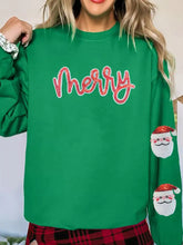 Green Christmas-themed sequin letter graphic father Christmas patched sleeve sweatshirt with machine wash care instructions and tumble dry safe