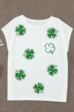White sequin lucky clover boat neck T-shirt with short sleeves