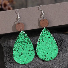 Green sequin PU leather wooden dangle earrings with glitter teardrops