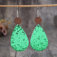 Sequin PU leather wooden dangle earrings with teardrop glittery green finish