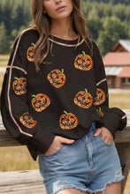 Sequin pumpkin round neck long sleeve sweatshirt with distressed denim shorts