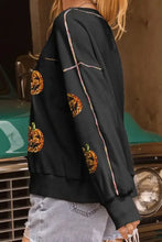 Sequin pumpkin round neck long sleeve sweatshirt with sparkly appliques