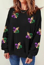 Black sequin round neck dropped shoulder sweatshirt with Mardi Gras fleur-de-lis