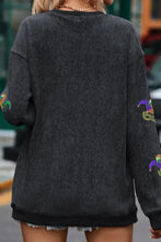 Sequin round neck dropped shoulder sweatshirt with Mardi Gras jester embroidery