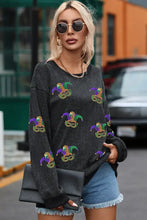 Sequin round neck dropped shoulder sweatshirt in dark gray with Mardi Gras jester design