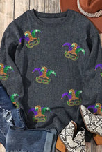 Sequin round neck dropped shoulder sweatshirt with Mardi Gras jester design
