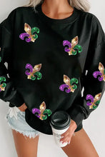 Sequin round neck drop shoulder sweatshirt with glittery fleur-de-lis