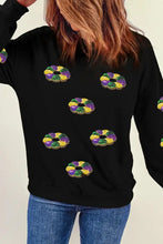 Sequin round neck long sleeve sweatshirt with Mardi Gras beads design