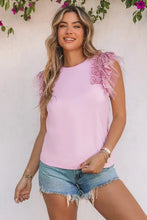 Lavender sequin round neck sleeveless blouse with denim shorts