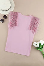 Sequin round neck tank blouse in lavender chiffon with ruffled sleeves