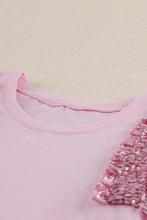 Pink sequin round neck tank blouse with ruffles and elastic waistband