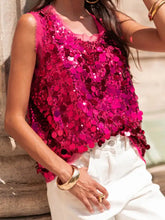 Vibrant fuchsia sequin round neck tank with sleeveless design sheer neckline and asymmetrical hemline
