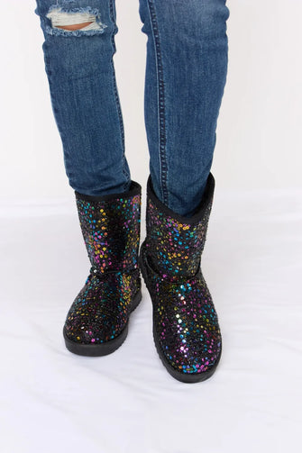 Sequin Thermal Flat Boots Black Winter Flat Boots for Women MULT BK