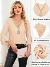 Beige blouse with a sparkling gold sequin v neck and ruffled neck flounce 3/4 sleeves for elegant wear