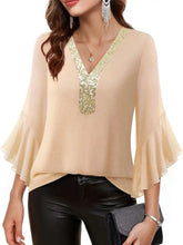 Beige sequin v neck blouse with sheer ribbed fabric and flounce bell sleeves perfect for elegant occasions