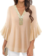 Beige sheer blouse with gold sequin v neck and flared neck flounce sleeves for elegant occasions
