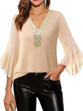 Beige sheer blouse with gold sequin v neck and flared neck flounce sleeves for elegant occasions
