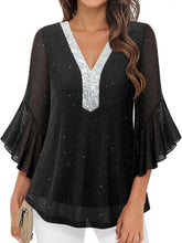 Black sheer blouse with silver sequin v neck and flounce sleeve detailing on bell sleeves