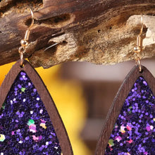 Sequin wood teardrop earrings with purple glitter inserts