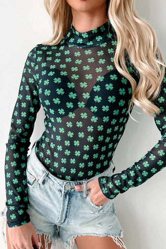 Shamrock Pattern Mesh Turtleneck Bodysuit for Women Dark Green