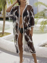 Sheer Black Kimono Cover-Up with White Crane Embroidery Swimwear Cover-Ups