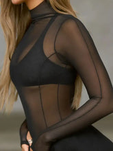 Sheer Black Mesh Long Sleeve Top with Bra Woman T Shirts