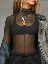 Sheer Black Mesh Long Sleeve Top with Bra Woman T Shirts