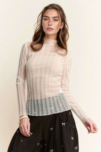 Sheer Mesh Long Sleeve Turtle Neck Top for Women WHITE