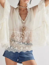 Sheer White Lace Trim Poncho Blouse Swimwear Cover Up White Swimwear Cover-Ups