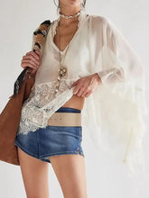 Sheer White Lace Trim Poncho Blouse Swimwear Cover Up Swimwear Cover-Ups
