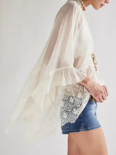 Sheer White Lace Trim Poncho Blouse Swimwear Cover Up Swimwear Cover-Ups