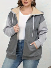 Gray and beige sherpa lined zip-up hoodie with contrasting gray sleeves machine wash cold recommended