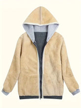 Beige sherpa lined zip-up hoodie with faux fur hood, gray interior, and ribbed cuffs, machine wash cold recommended