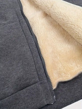 Dark gray sherpa lined zip-up hoodie with cream fleece lining designed for comfort and machine wash cold care