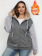 Gray sherpa lined zip-up hoodie with plush beige hood lining and fleece interior, machine wash cold recommended