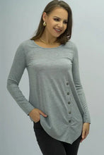 Shiny buttoned long sleeve round neck tee with decorative buttons