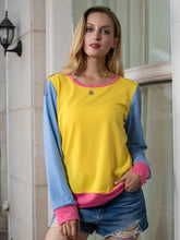 Shiny contrast round neck long sleeve top with color blocks