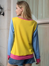 Shiny contrast round neck long sleeve top in yellow, blue, pink