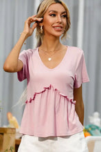 Shiny frill trim short sleeve tee in light pink V-neck peplum