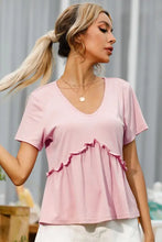 Shiny frill trim pink short sleeve tee with V-neck peplum