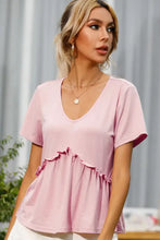 Shiny Frill Trim Short Sleeve Tee with V-Neck Peplum
