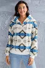 Shiny geometric half zip drawstring fleece hoodie in cream and blue