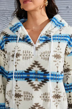 Shiny geometric half zip drawstring Aztec print hoodie in white and blue