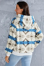 Shiny geometric half zip Aztec print fleece hoodie with blue accents