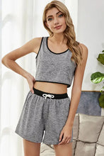 Gray heathered crop top with black trim and matching shorts with drawstring waistband in shiny heathered contrast trim lounge set