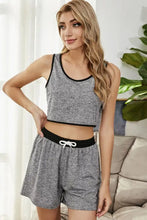 Gray heathered crop top with black trim and matching shorts with black waistband and white drawstring lounge set