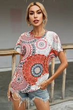 Shiny Printed Round Neck Short Sleeve Tee Burnt Coral Woman T Shirts