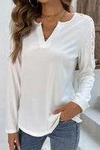 Shiny spliced lace notched neck top with white V-neck long sleeves